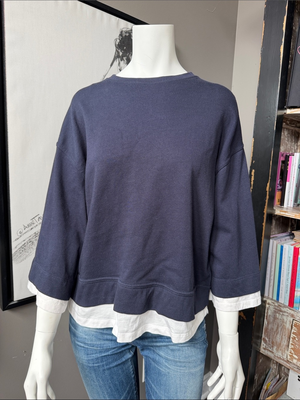 Zara Navy Sweatshirt with White Layered Hem